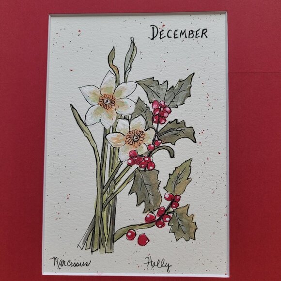 Original  Watercolor Christmas Holly Narcissus Painting Art 8" x 10" Mat - Picture 3 of 7